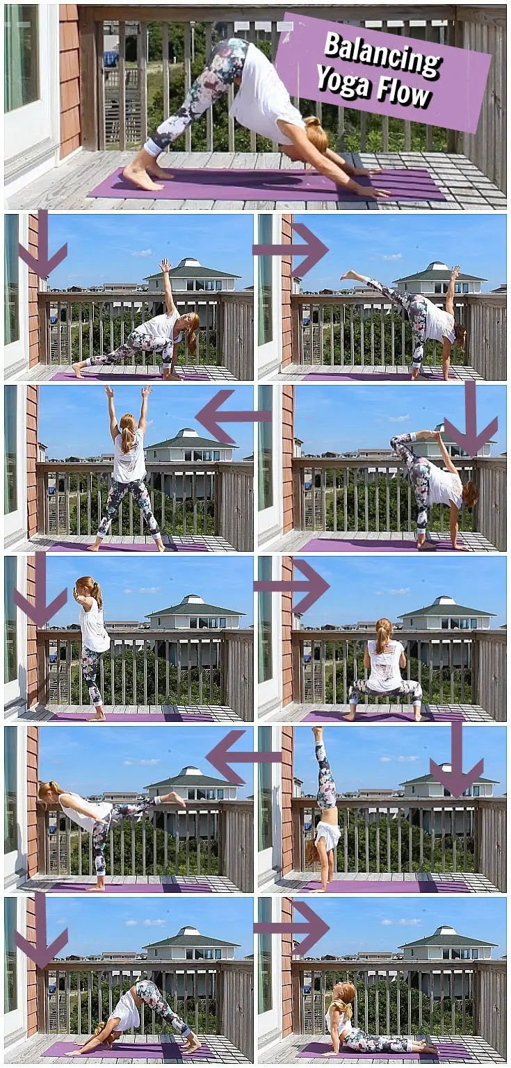 Infographic showing this yoga flow which helps you master the best yoga poses for balance, with 10 snapshots of poses in chronological order